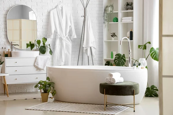 洗面台 バスタブ シェルフユニット 観葉植物と光浴のインテリア — ストック写真