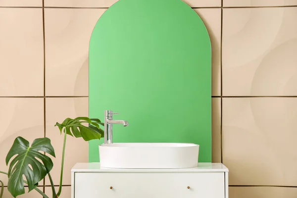 Biały Zlew Klatce Piersiowej Szuflady Houseplant Pobliżu Ściany Kolor — Zdjęcie stockowe