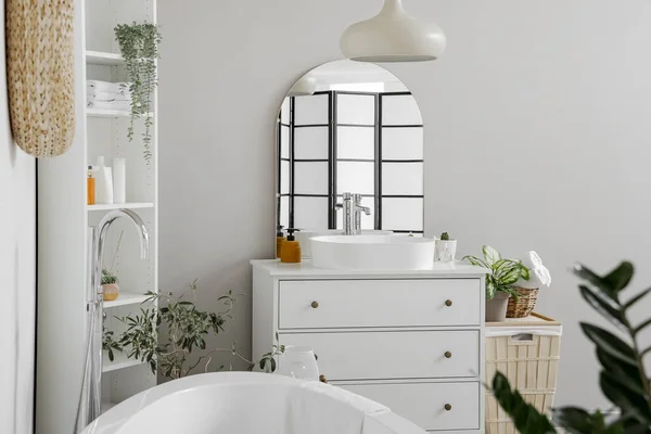 Interior Light Bathroom White Sink Bathtub Shelving Unit Houseplants — Stock Photo, Image