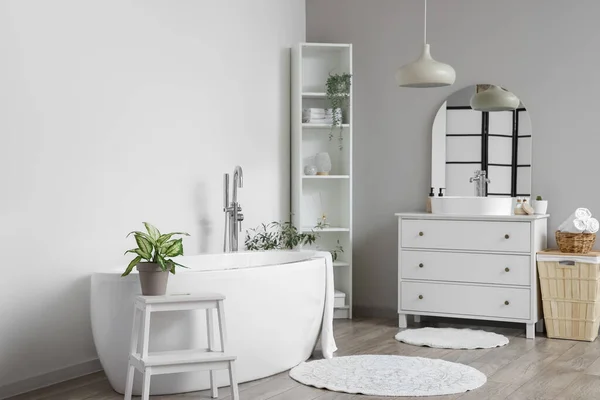 Interior Light Bathroom White Sink Bathtub Shelving Unit Houseplants — Stock Photo, Image