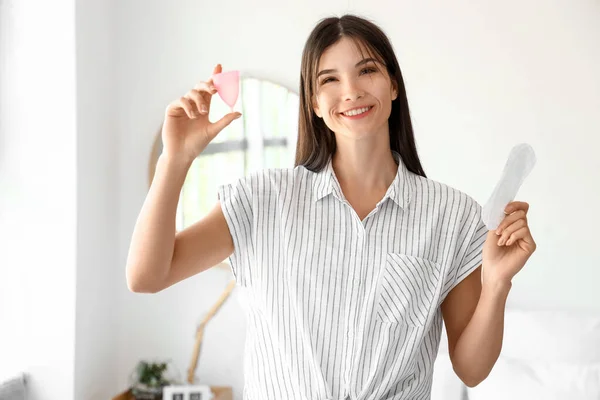 Young Woman Menstrual Cup Bedroom — Stock Photo, Image
