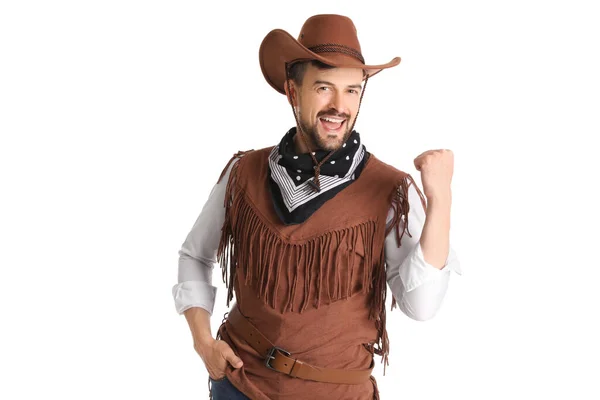 Glücklicher Cowboy Auf Weißem Hintergrund — Stockfoto