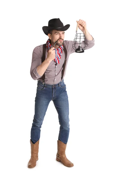 Knappe Cowboy Met Lantaarn Rookpijp Witte Achtergrond — Stockfoto
