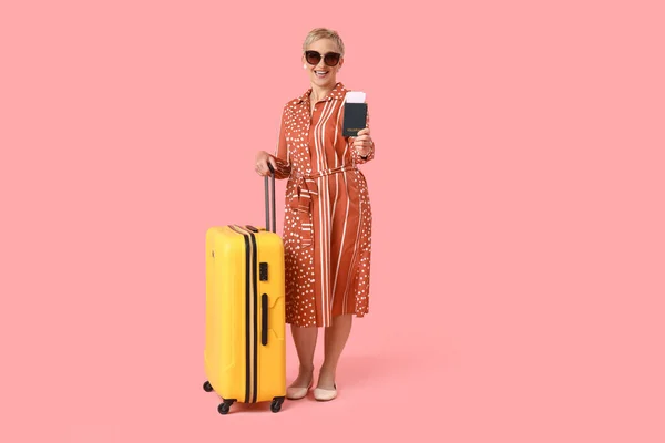 Mature Woman Passport Suitcase Pink Background — Stock Photo, Image