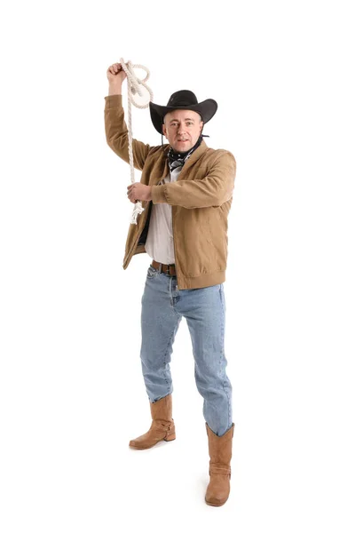 Volwassen Cowboy Met Lasso Witte Achtergrond — Stockfoto