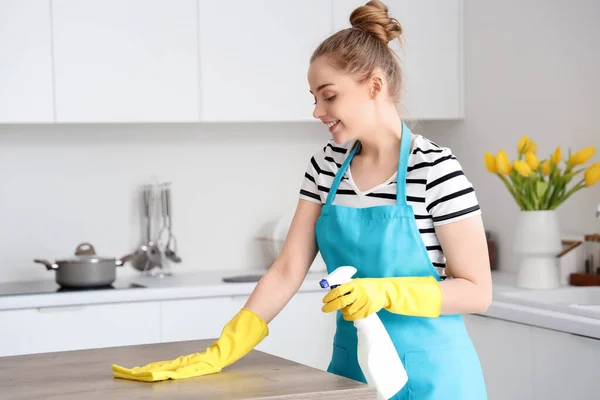 Happy Young Woman Yellow Rubber Gloves Cleaning Dining Table Rag — Stock Photo, Image
