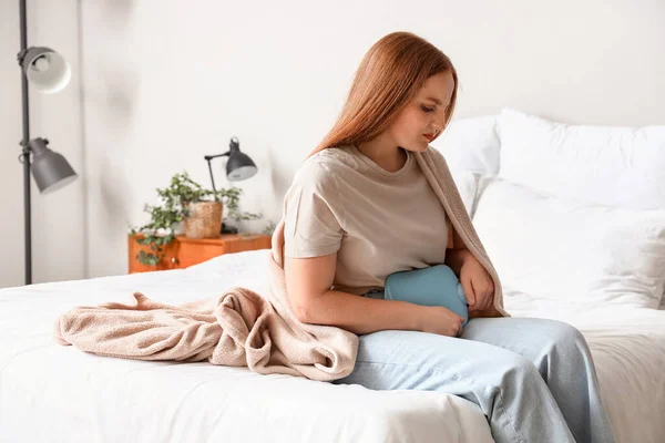 Young Woman Hot Water Bottle Having Menstrual Cramps Bedroom — Stock Photo, Image