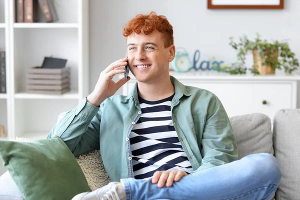 Young Redhead Man Talking Mobile Phone Sofa Home — Stock Photo, Image