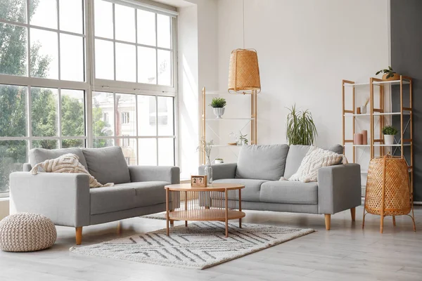 Interior Light Living Room Grey Sofas Coffee Table Large Window — Stock Photo, Image