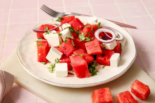 Plate Tasty Watermelon Salad Pink Tile Background — Stock Photo, Image