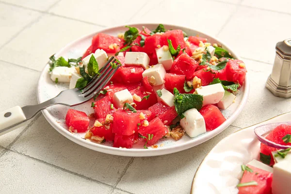 Plate Tasty Watermelon Salad White Tile Background — Stock Photo, Image