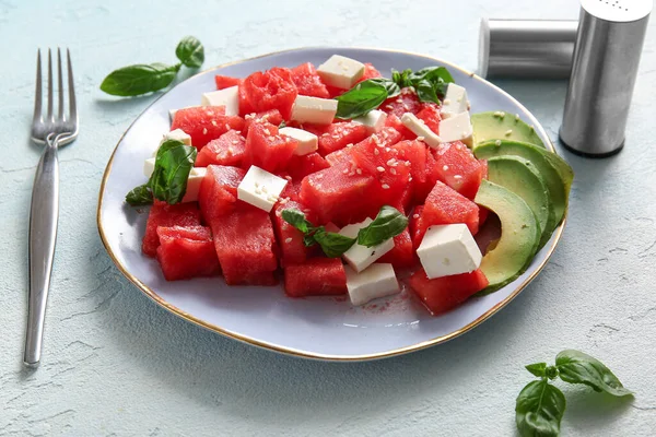 Plate Tasty Watermelon Salad Light Blue Background — Stock Photo, Image