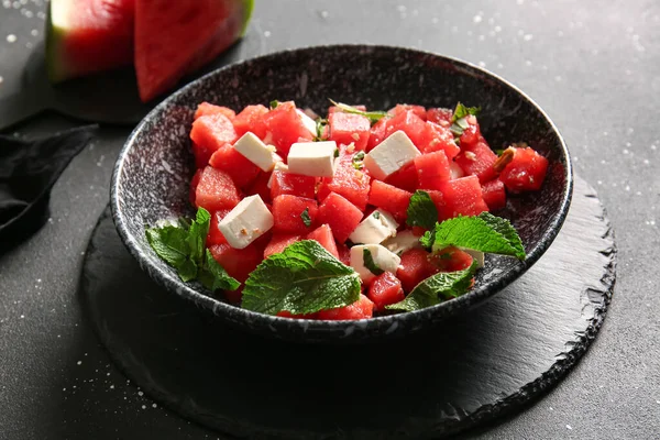 Bowl Tasty Watermelon Salad Black Background — Stock Photo, Image