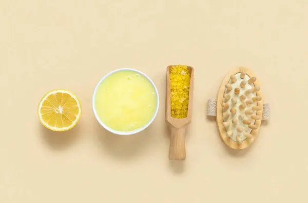 Bowl Lemon Body Scrub Sea Salt Massage Brush Beige Background — Stock Photo, Image