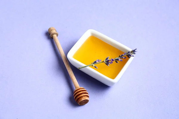 Bowl Sweet Lavender Honey Dipper Blue Background — Stock Photo, Image