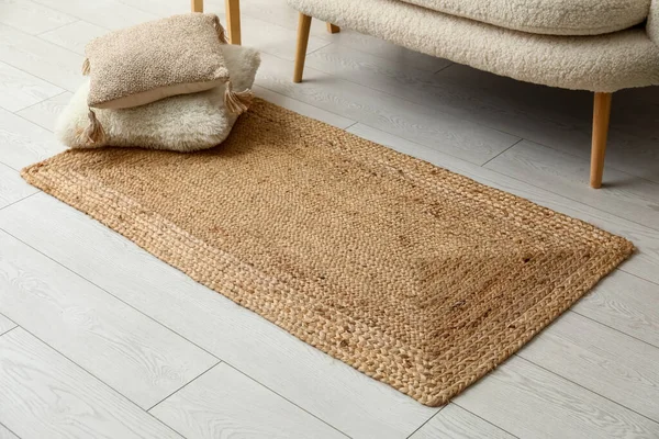 Wicker Carpet Cushions Interior Living Room Closeup — 图库照片