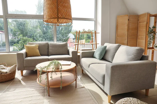 Interior Light Living Room Cozy Grey Sofas Wooden Coffee Table — Stock Photo, Image