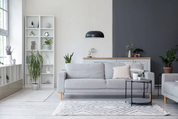 Interior Light Living Room Comfortable Grey Sofa Coffee Table — Stock Photo, Image