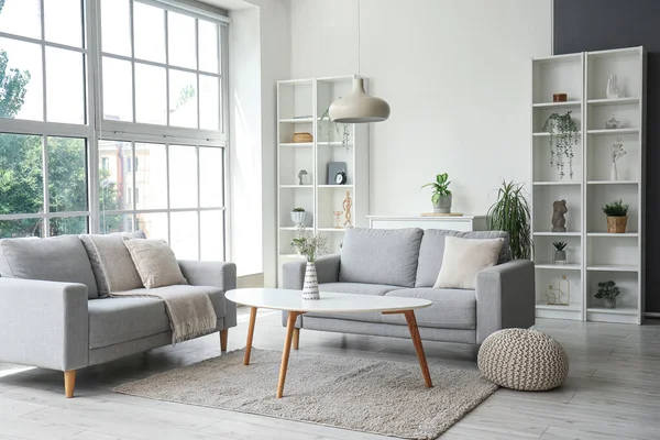 Interior Light Living Room Cozy Grey Sofas Coffee Table Big — Stock Photo, Image