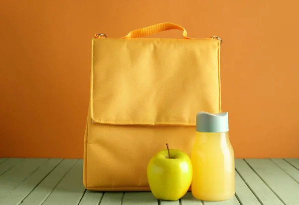 Lunch Box Bag Apple Bottle Juice Green Wooden Table Orange — Stock Photo, Image