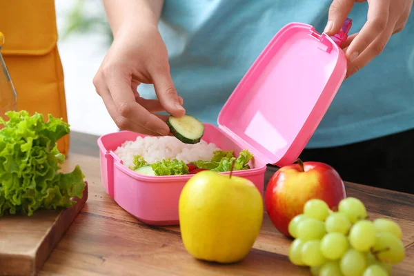 Woman Packing Fresh Meal Lunch Box Kitchen — Stock Photo, Image