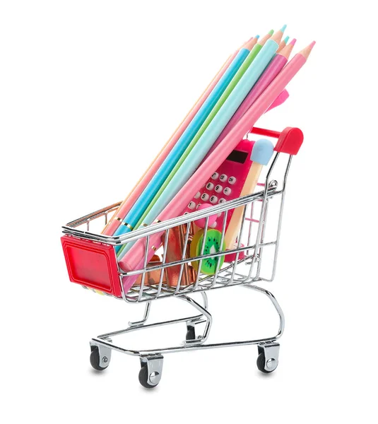 Shopping Cart School Stationery White Background — Stock Photo, Image
