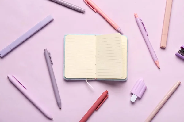 Notebook Different Stationery Supplies Lilac Background — Stock Photo, Image