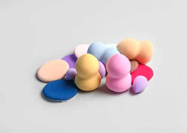 Different Makeup Sponges Grey Background — Stock Photo, Image