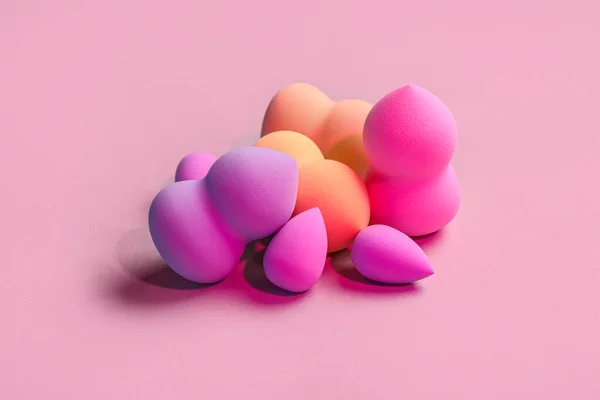 Different Makeup Sponges Pink Background — Stock Photo, Image