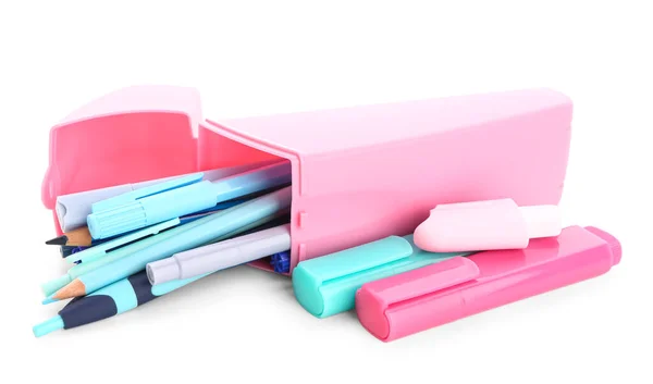 Roze Potloodkistje Met Verschillende Briefpapier Witte Ondergrond — Stockfoto