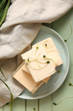 İşlenmiş peynir tabağı ve yeşil ahşap arka planda otlar.