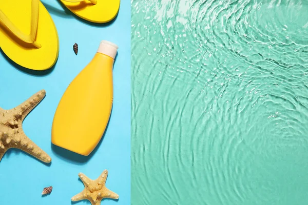 Flasche Mit Sonnencreme Und Flip Flops Schwimmbadrand — Stockfoto