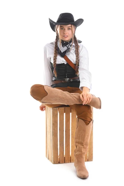 Young Cowgirl Sitting White Background — Stock Photo, Image