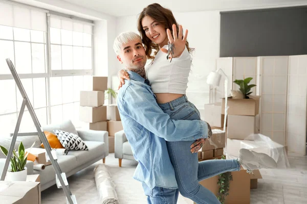 Happy Young Couple Room Moving Day — Stock Photo, Image