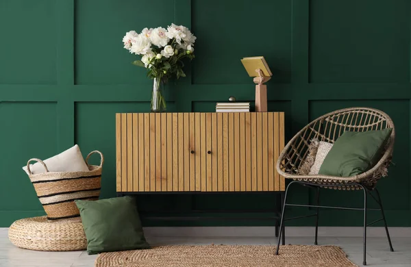 Vase White Peonies Dresser Chair Basket Green Wall — Stock Photo, Image