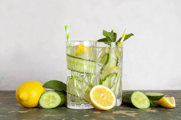 Glasses Lemonade Cucumber Mint Green Table — Stock Photo, Image