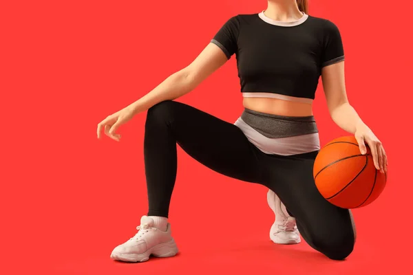 Young Woman Sportswear Ball Red Background — Stock Photo, Image