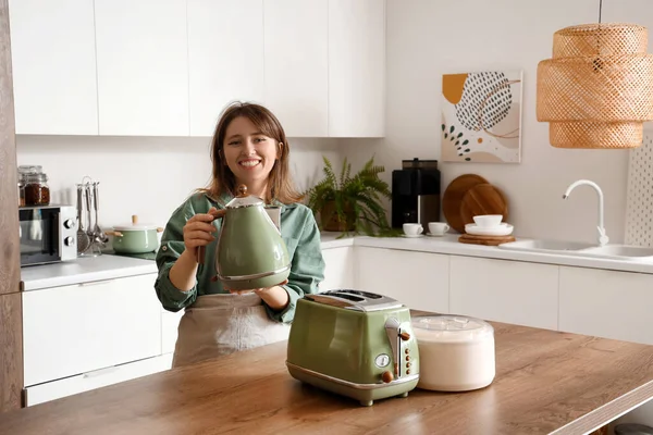 Young Woman Kitchen Electric Kettle Toaster Juicer — Stock Photo, Image
