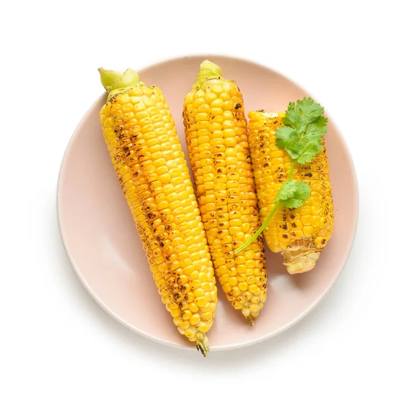 Plate Tasty Grilled Corn Cobs Parsley White Background — Stock Photo, Image