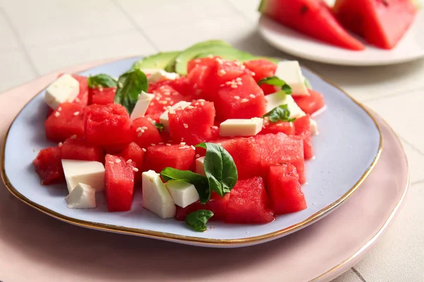 Plate Tasty Watermelon Salad White Tile Background — Stock Photo, Image