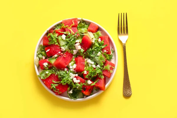 Plate Tasty Watermelon Salad Yellow Background — Stock Photo, Image