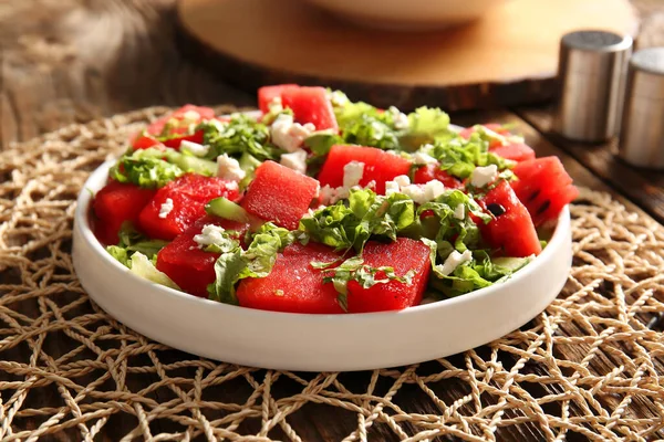 Plate Tasty Watermelon Salad Wooden Background — Stock Photo, Image