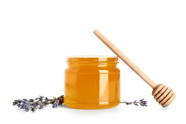 Jar Sweet Lavender Honey Dipper Flowers White Background — Stock Photo, Image