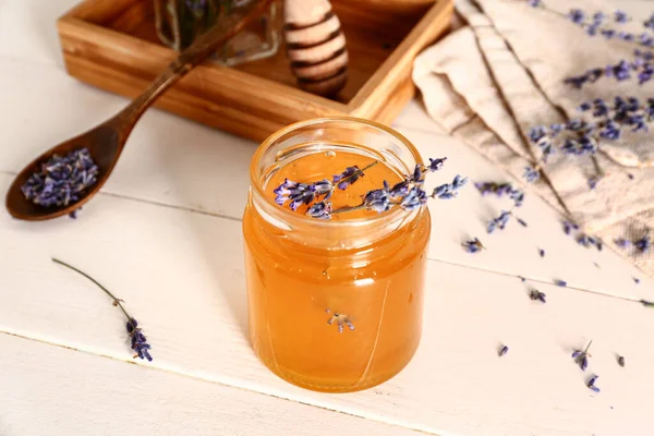 Jar Sweet Lavender Honey Flowers White Wooden Table — Stock Photo, Image