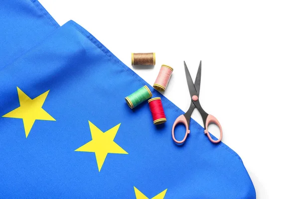 Scissors Threads Flag European Union White Background — Stock Photo, Image