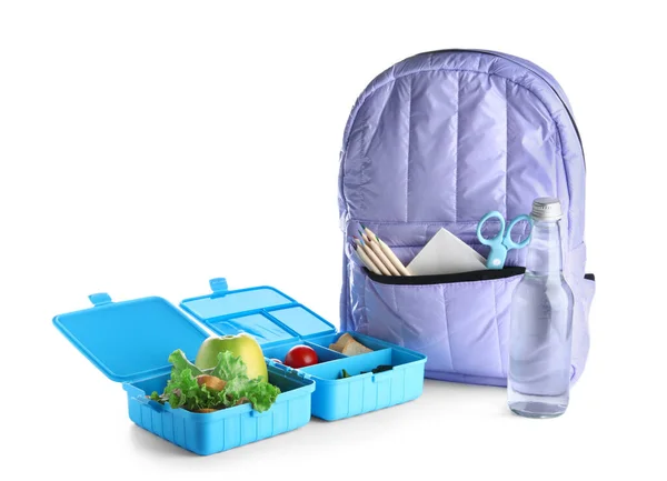 Backpack Stationery Lunchboxes Delicious Food Isolated White Background — Stock Photo, Image