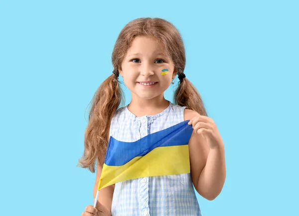 Happy Little Girl Ukrainian Flag Blue Background — Stock Photo, Image