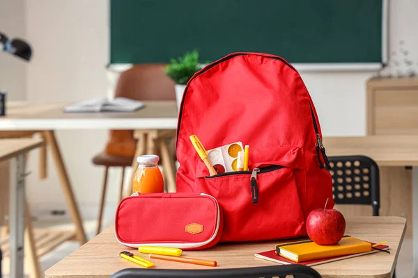 Piros Iskolás Hátizsák Írószerrel Ebéddel Osztályteremben — Stock Fotó