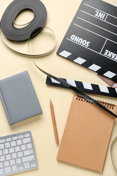 Notebooks Movie Clapper Film Reel Beige Background — Stock Photo, Image
