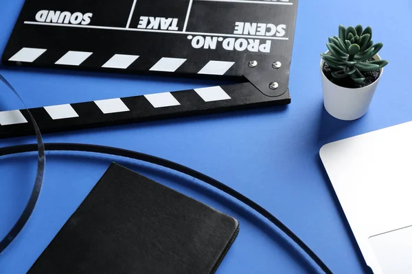Notebook Film Movie Clapper Blue Background Closeup — Stock Photo, Image